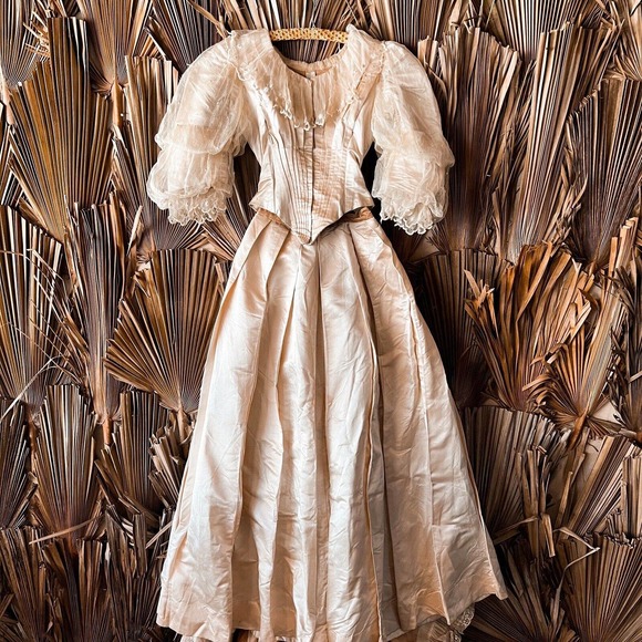 Antique 1830's Silk :Couture Wedding Gown Double Puff Sleeve Corset Bodice XXS - Picture 3 of 12